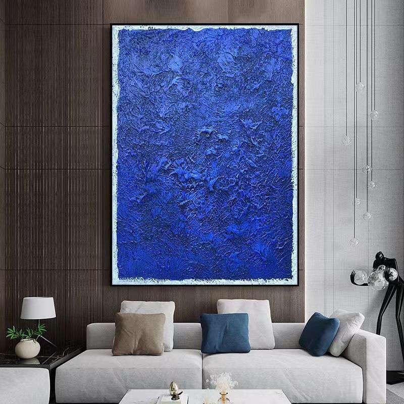 顺丰后现代客厅手绘油画克莱因蓝肌理装饰画大幅落地蓝色丙烯玄关图片