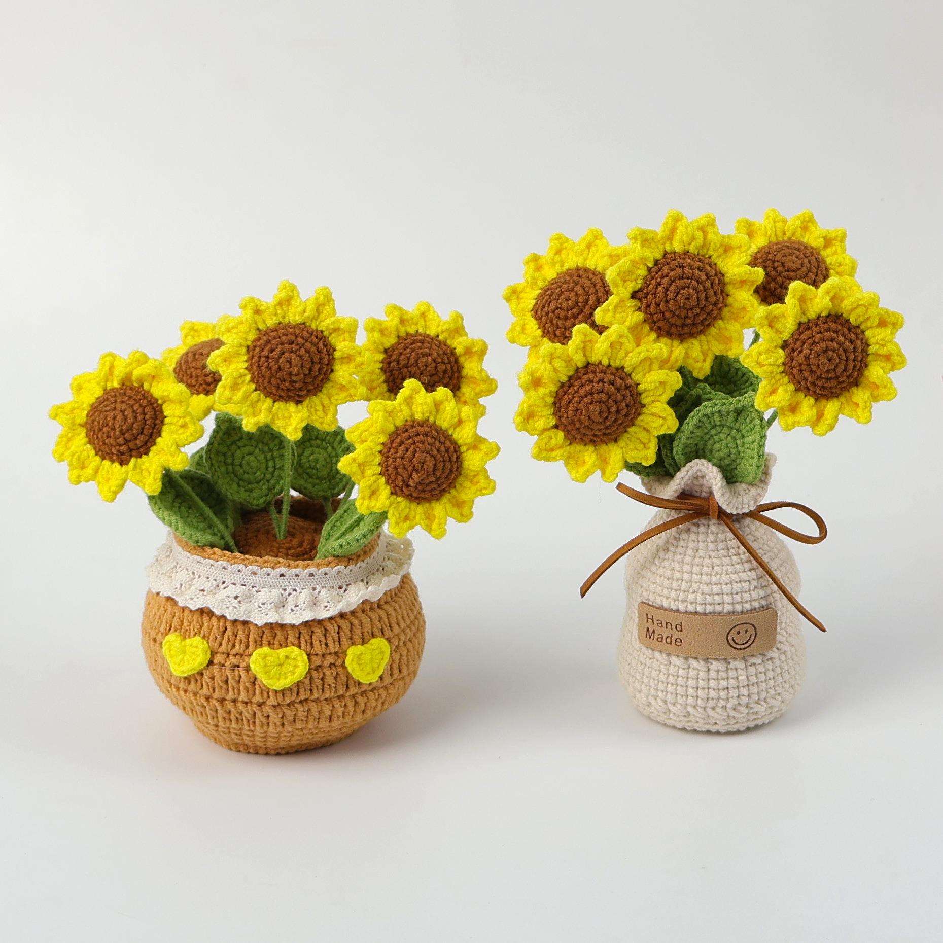 成品手工钩织毛线向日葵仿真盆栽向阳而生前程似锦假花办公桌摆件