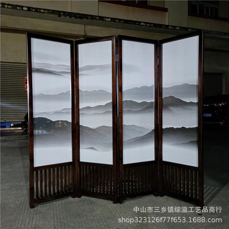 松木边框打印半透明绢画山水屏风厅会议室客厅背景隔断可移动折屏