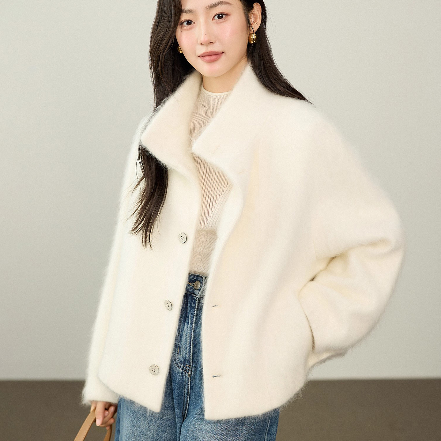 时髦百搭新款白色双面羊绒女拉绒