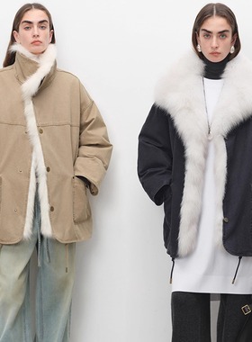 高级感新款简约酷飒工装风女可脱卸狐狸毛连襟领90白鹅绒派克服冬