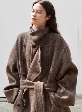 秋冬新款双面呢1OO%羊毛双层宽门襟建筑廓形防风腰带短款呢大衣女