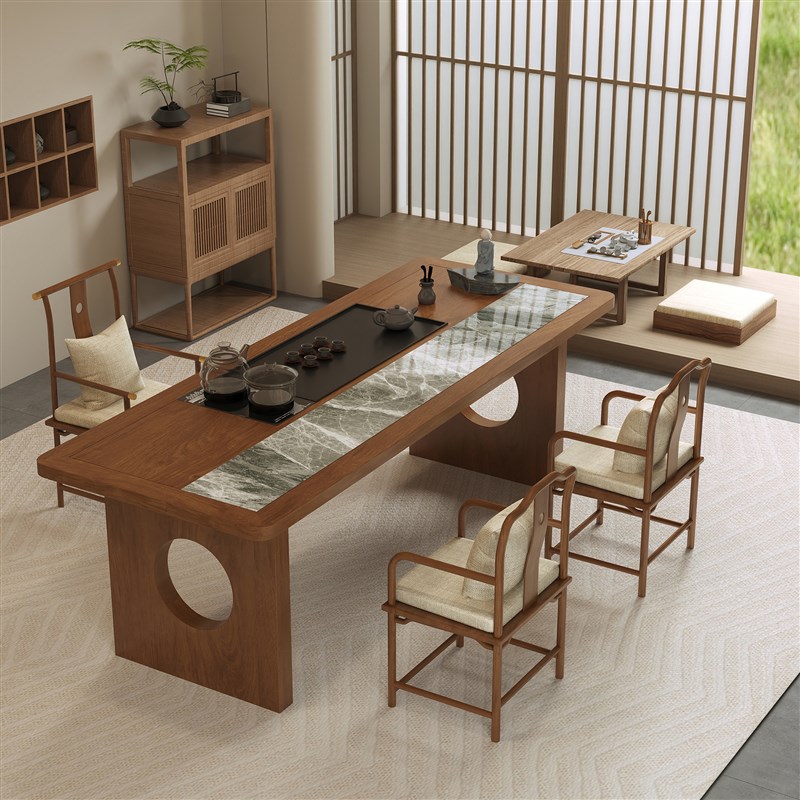 新中式实木茶桌椅l组合黑胡桃客厅家用岩板茶台桌烧水一体办公茶