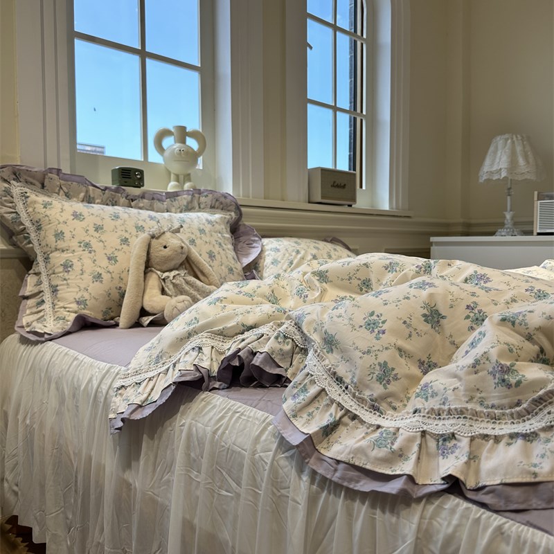 田园淡雅小碎花米白床裙床上四件套全棉1.J5m1.8米被套床单三件套