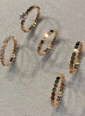 尚家/高版本/V金/蜂巢/戒指S92B5银CNC镶钻叠戴戒指蜂窝情侣对戒