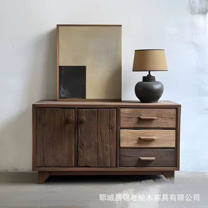 床头柜老榆木餐边柜复古拼色实木家具储物柜入户双开门多用收纳柜