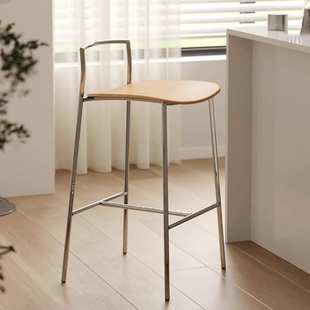 银色腿吧椅中古风实木高脚椅咖啡厅奶茶店设计师岛台椅子民宿吧凳