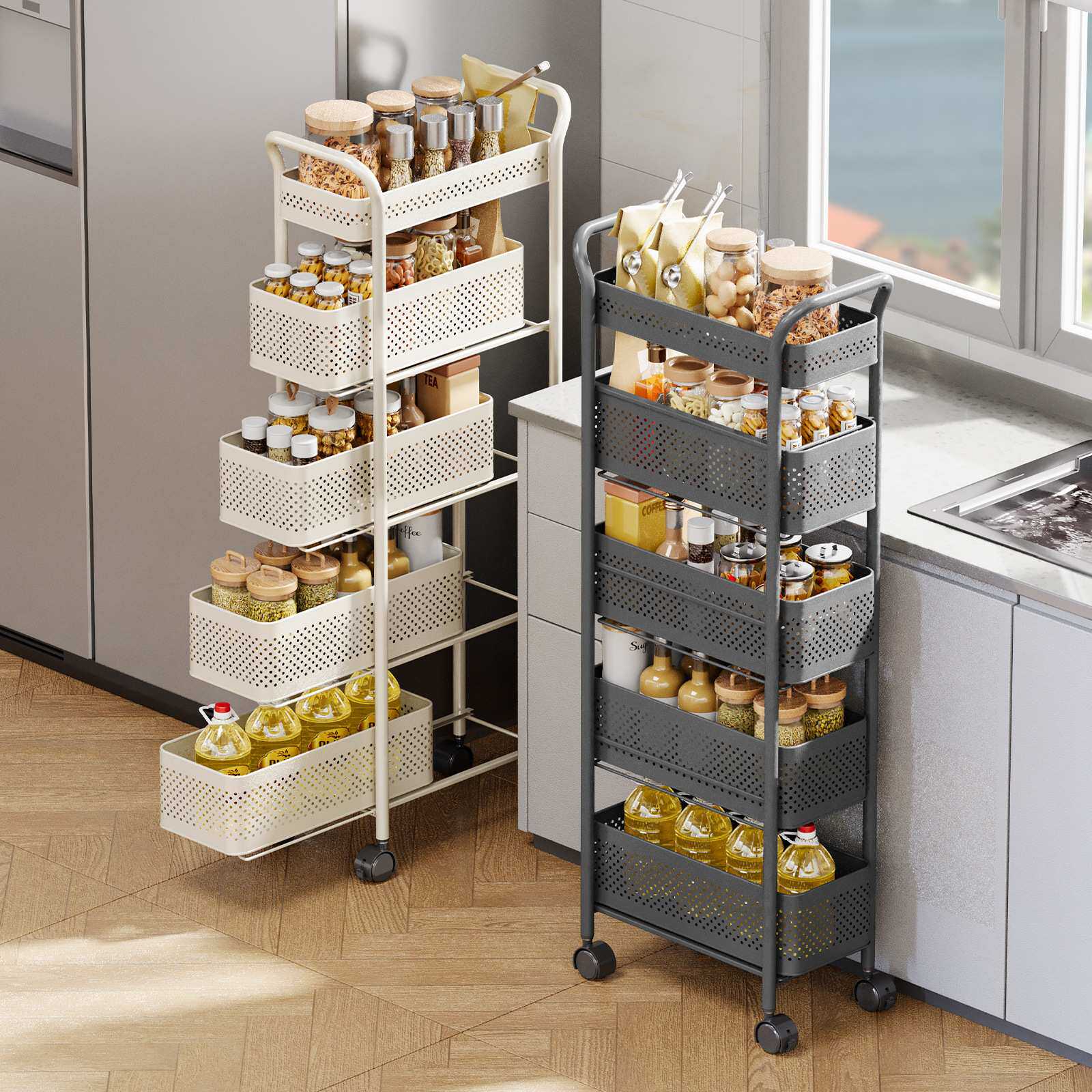 厨房夹缝冰箱置物架侧收纳菜篮子小推车落地多层储物架抽拉可移动