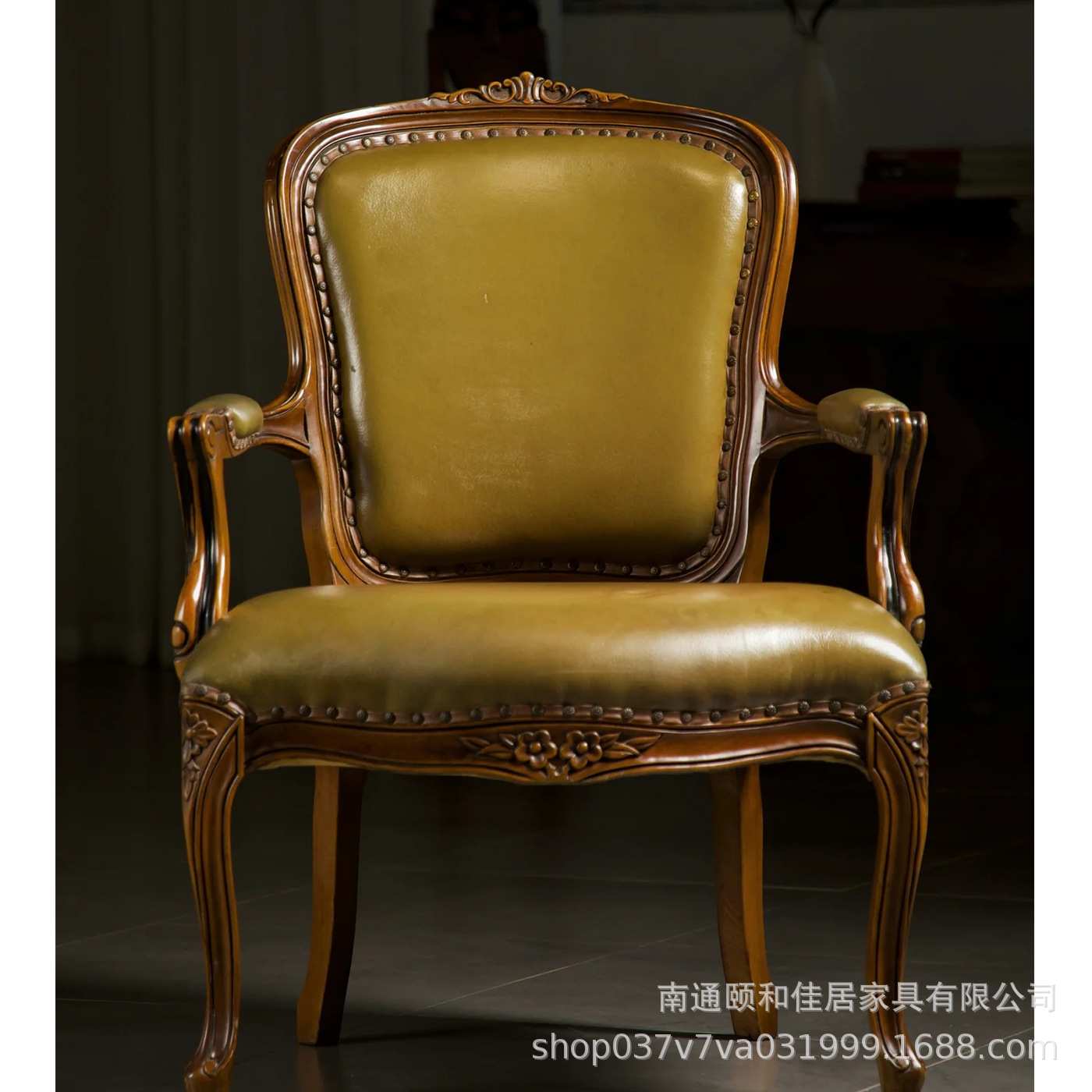 美式实做旧酒店餐厅扶手餐椅复古风雕花花园阳台休闲单人椅书椅