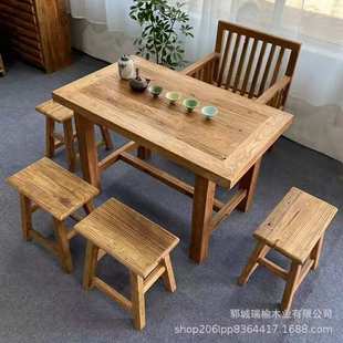客人会谈桌饭店餐厅吃饭餐椅板凳 老榆木风化门板家具台茶台