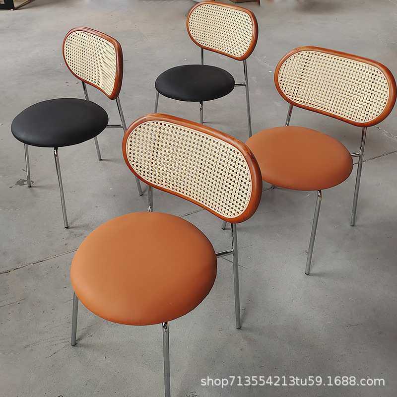 803法式奶油风藤编餐椅酒店餐厅靠背椅餐桌椅侘寂风实木复古椅子