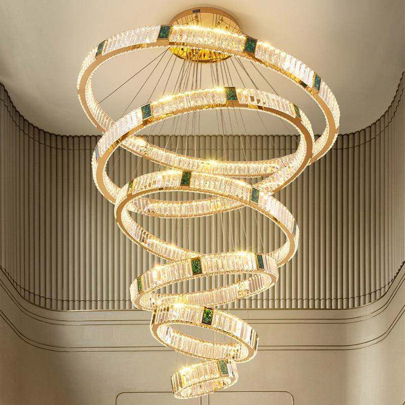 轻奢后现代楼中楼水晶客厅吊灯高级感 酒店大堂复式楼梯圈环灯具