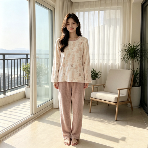 香蜜闺秀26303002圆领可爱法兰绒家居服套装长袖长裤套头保暖睡衣
