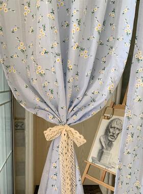 美式乡村田园蓝色小碎花半遮光棉麻窗帘布免打孔门帘阳台厨房飘窗