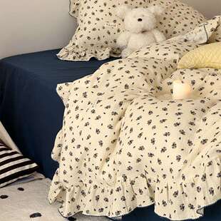 小清新全棉绉纱双层纱三四件套小碎花数码印花荷叶花边被套床品