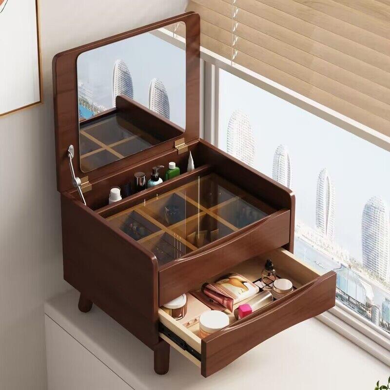北欧迷你实木飘窗梳妆台多功能小户型床头柜组合翻盖带镜子化妆桌