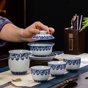景德镇青花宝相茶具套装高档家用陶瓷三才盖碗泡茶杯办公室会客用