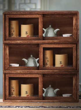实木茶具收纳盒桌面置物架收纳柜移门茶叶柜防尘推拉门茶杯收纳架