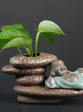 创意陶瓷叠石花器摆件小和尚桌面装饰品弥勒佛佛堂绿萝干花插花瓶