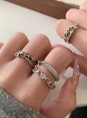 咖金戒指2025新款爆款叠戴食指戒轻G奢高级感树叶爱心锆石开口指