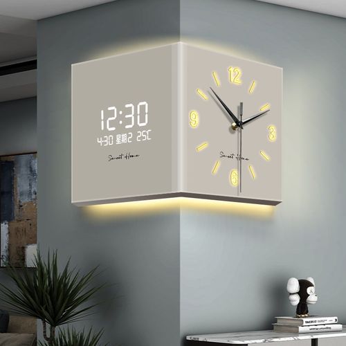 简约现代挂钟客厅转角双面时钟线条几何数显屏电子钟X表挂画极简