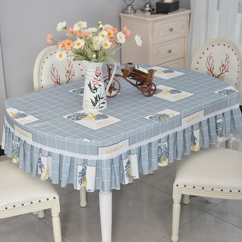 2021年新款中间椭n圆形餐桌布现代简约伸缩桌桌布布艺绿色格子桌