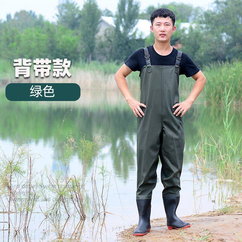 带雨鞋全身水衣连体半身加厚皮叉涉水裤防水裤男耐磨绿色抓鱼