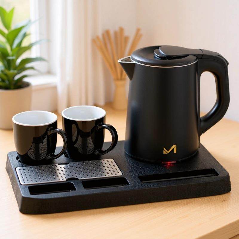 双层防烫电热水壶 0.8L 烧水壶 托盘套装含杯子酒店用品