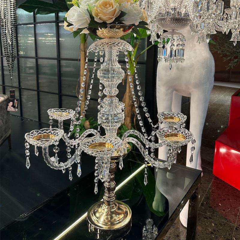 跨境欧式亚克力水晶铁艺电镀金色烛台婚庆道具婚礼酒店主桌装饰品
