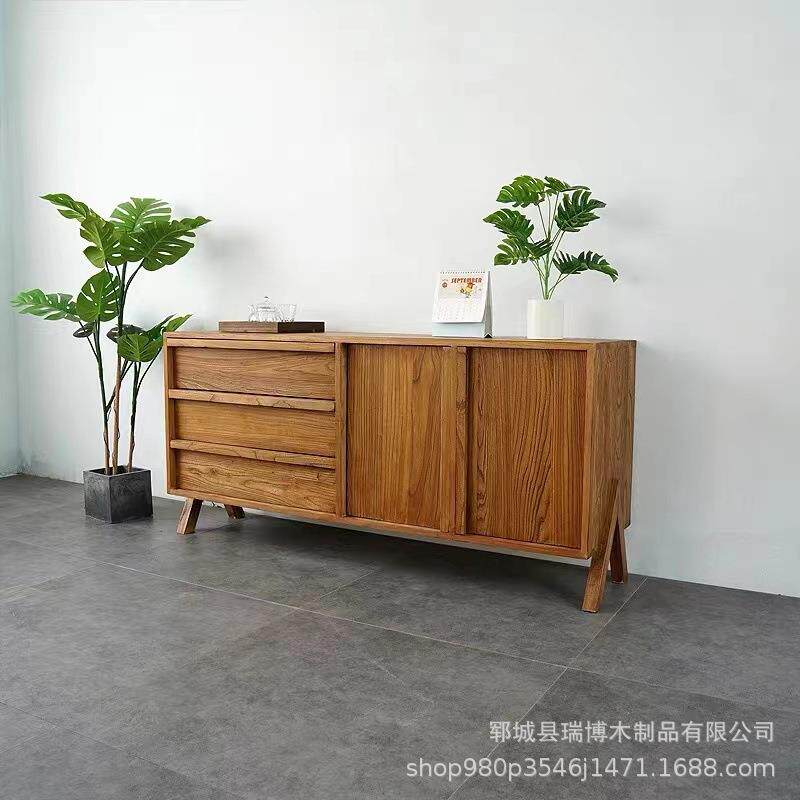 榆木餐边柜现代简约实木餐厅茶室茶水柜新中式免漆家具榆木储物柜