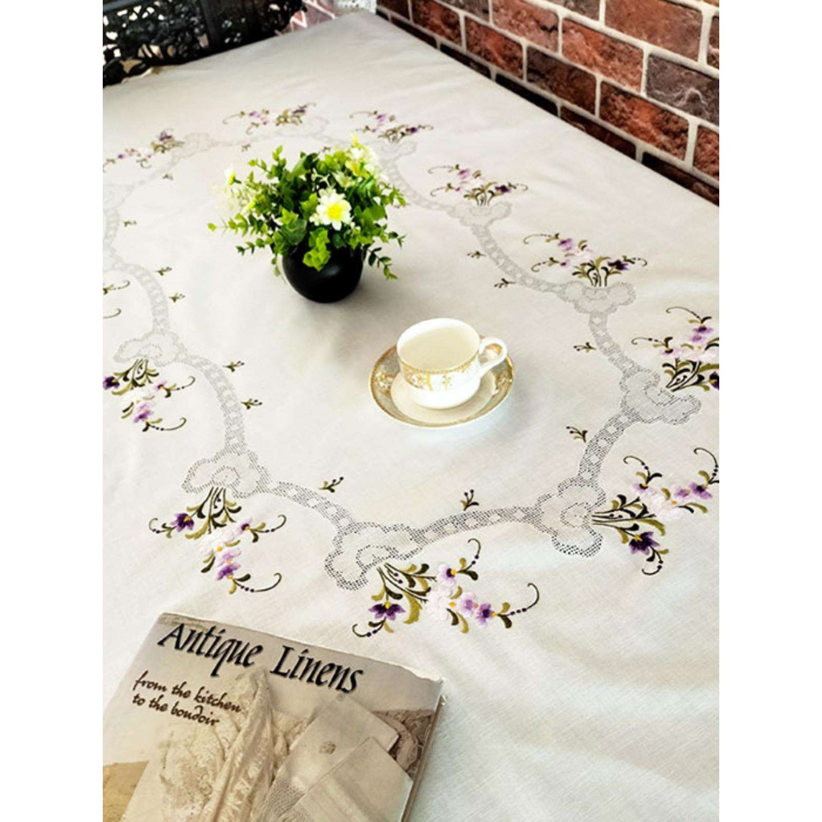 潮绣 手工绣花白色布 美式桌布台布茶几布沙发盖巾钢琴布