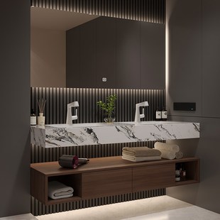 双盆浴室柜中古风卫生间酒店式 岩板热无缝一体盆洗U漱台柜洗手台