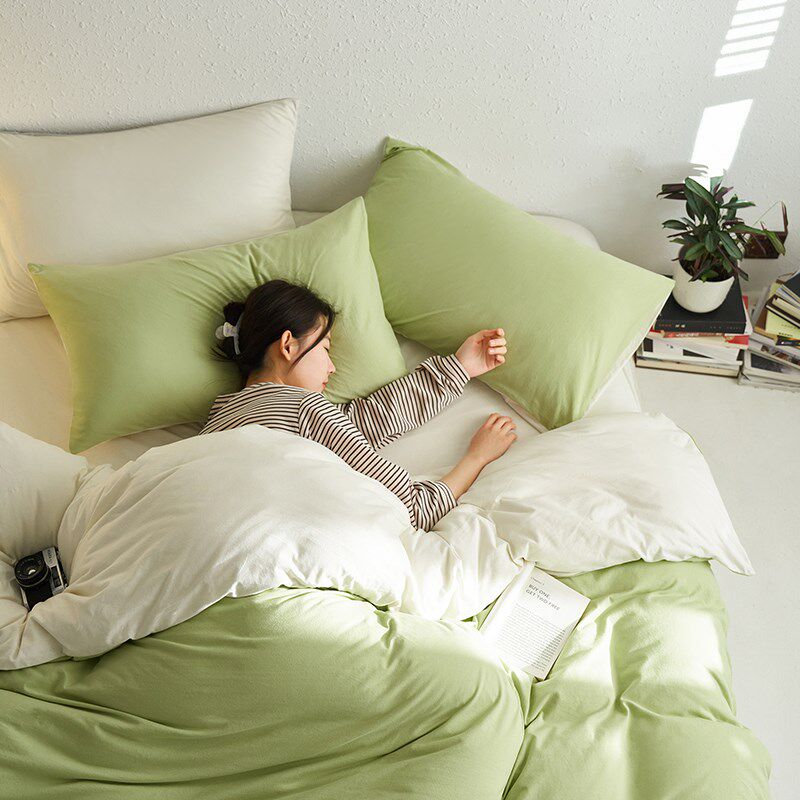 白色简简单单双拼全n棉针织棉四件套 超软裸睡天竺棉被套床单床笠