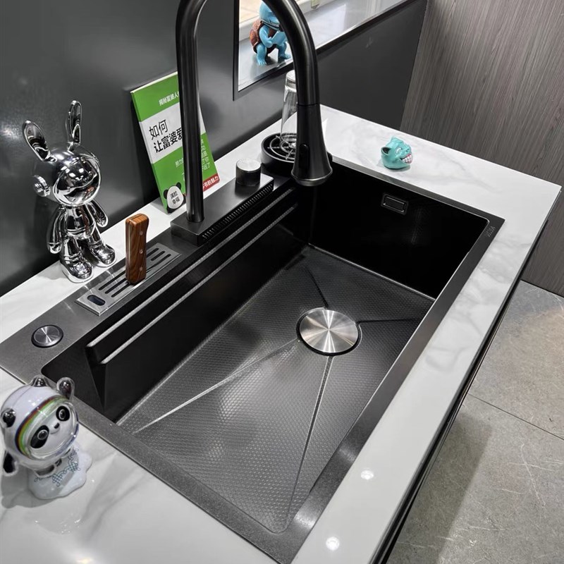 华木卫浴厨房手工飞雨水槽蜂纹单槽304不锈钢洗菜盆压纹W大单HWAM