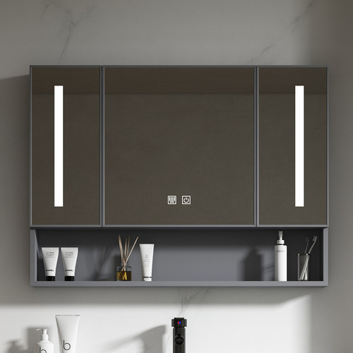 挂墙式浴室镜柜j单独收纳盒太空铝化妆室带储物灯光智能除雾镜子