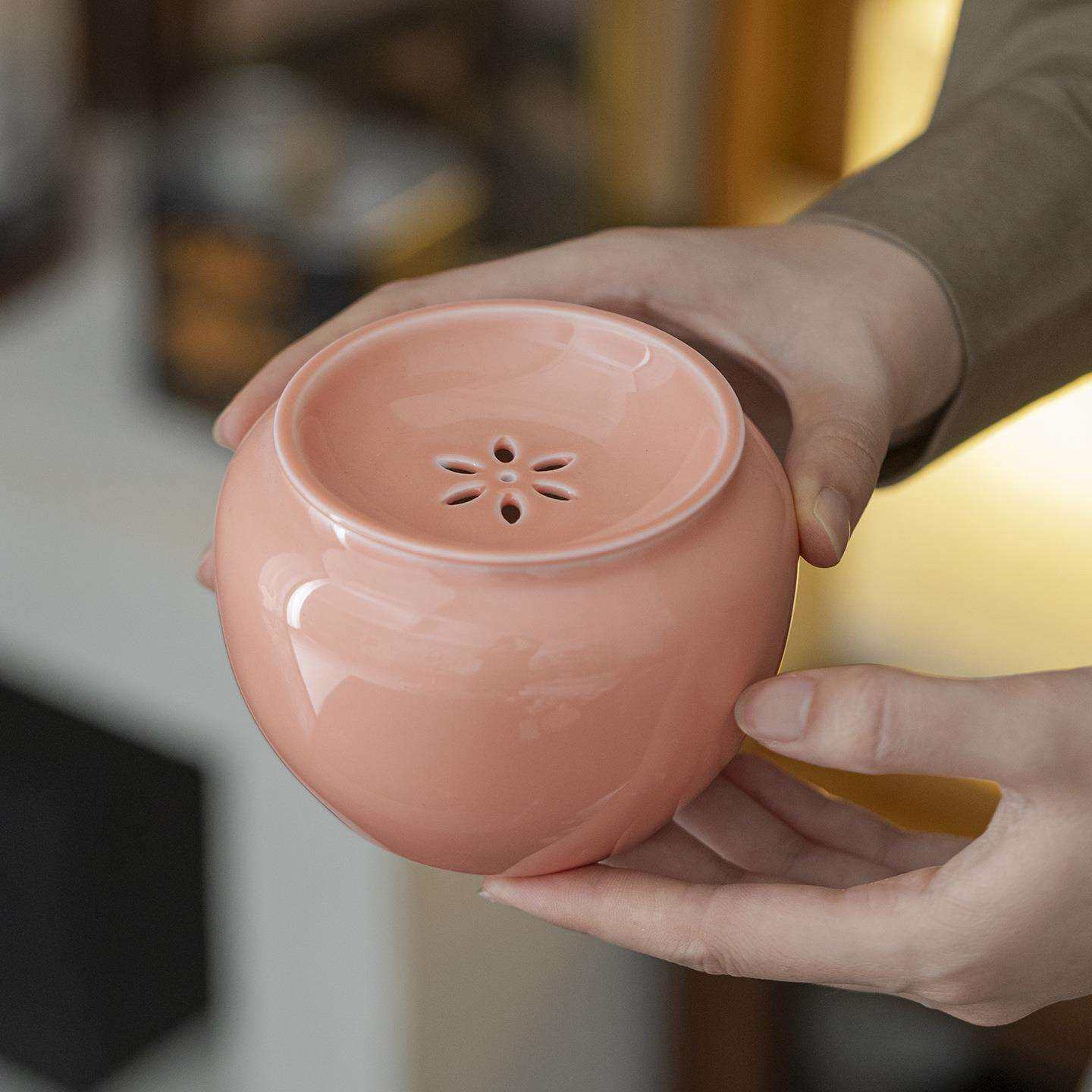 粉色陶瓷建水茶洗茶渣筒水盂茶盂带盖家用茶道茶具配件水洗废水缸