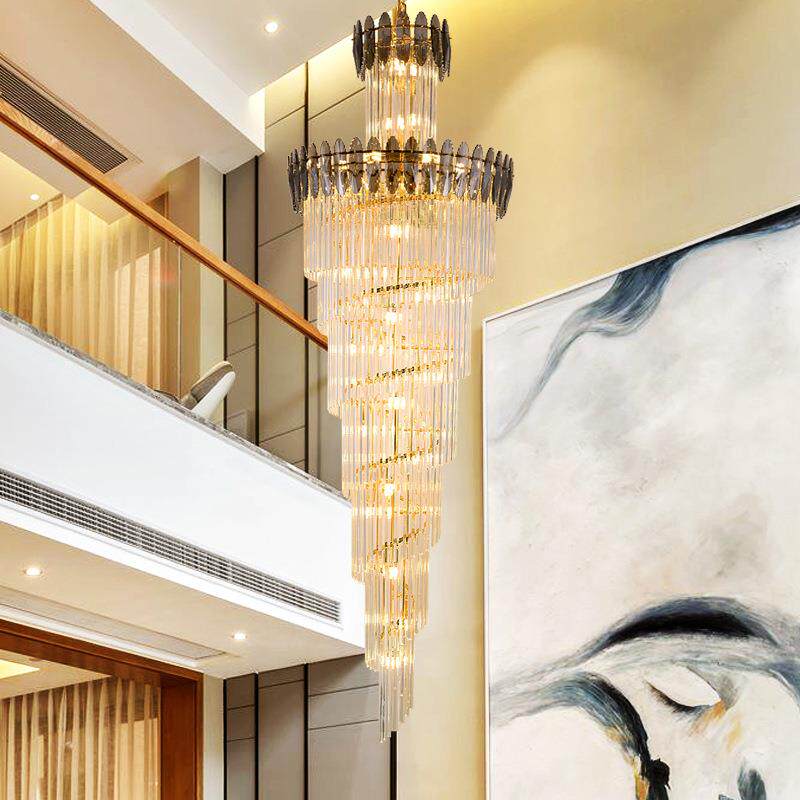 欧式别墅客厅水晶灯酒店大堂大吊灯复式楼中楼中空旋转楼梯长吊灯