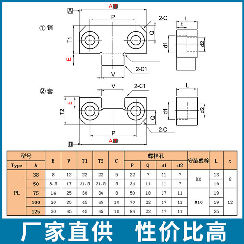 模具配件边锁pl38/50/75/100固定块ky50/100方形精定位导柱辅助器