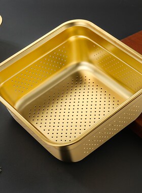 金色不锈钢方盆洗菜盆汤盆创意快餐盆米筛冲孔方形漏盆沥水盆面盆