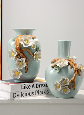 新中式陶瓷手工花瓶摆件玄关客厅电视F柜插花小瓷瓶轻奢高档装饰