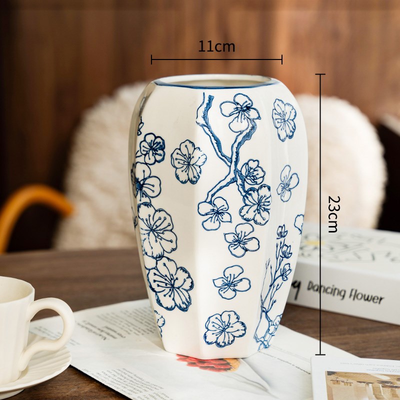 新中式青花瓷陶h瓷花瓶复古水养绿植玫瑰鲜花摆件客厅中国风装饰
