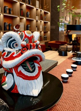 新中式舞狮醒狮子头装饰品摆件样板间书房客厅茶几博古架茶宠摆设