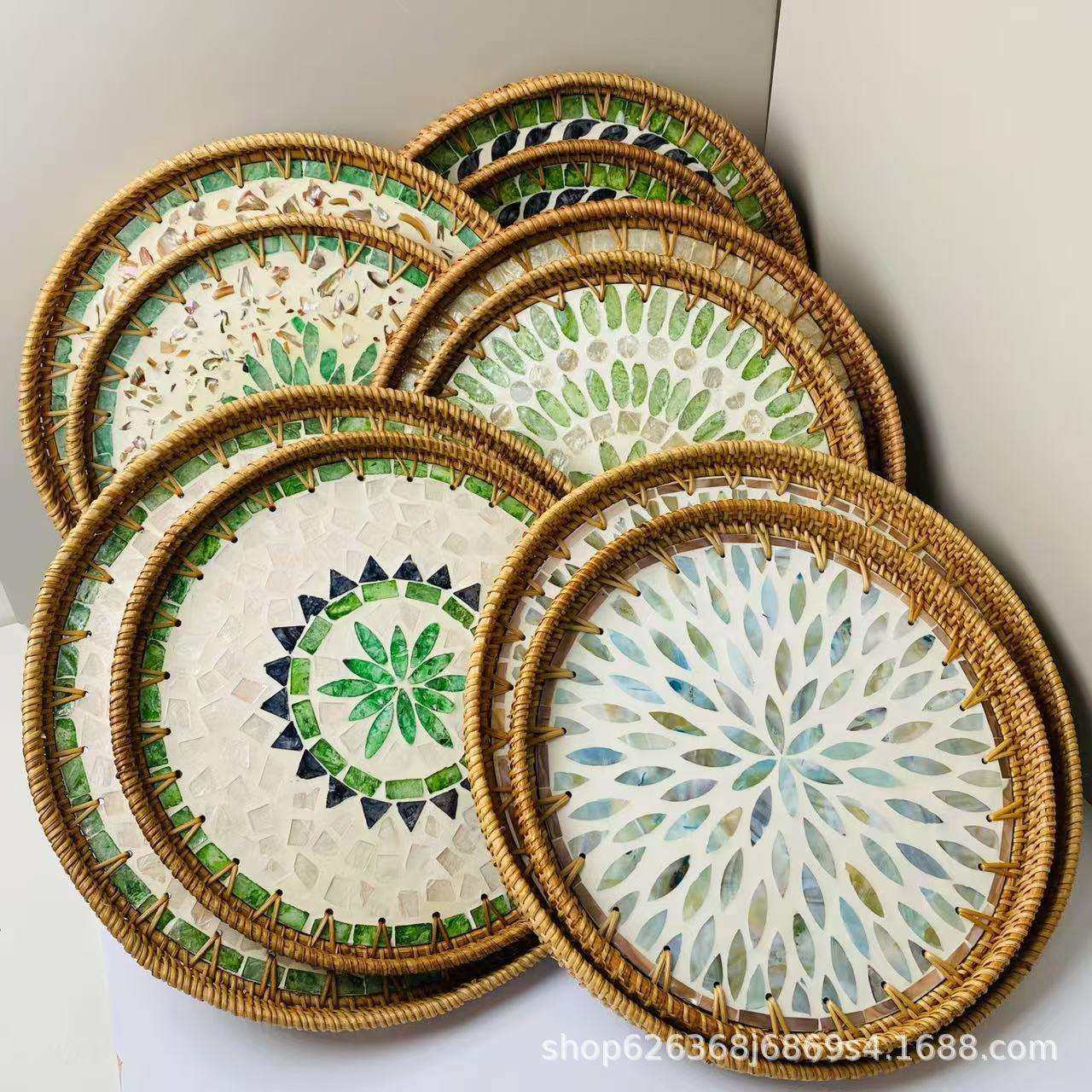 北欧进口创意手工藤编彩贝壳果盘装饰摆件首饰收纳托盘茶盘圆形盘,鲜花速递/花卉仿真/绿植园艺,割草机/草坪机,淘宝优惠券,粉丝福利购,淘宝优惠卷