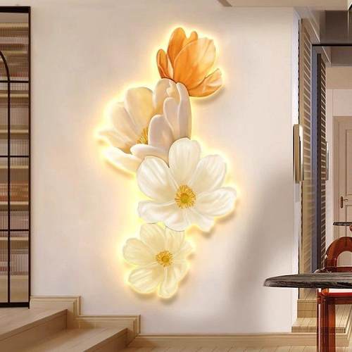 奶油风入户玄关装饰画温馨花卉造型led氛围灯画走廊过道客厅挂画