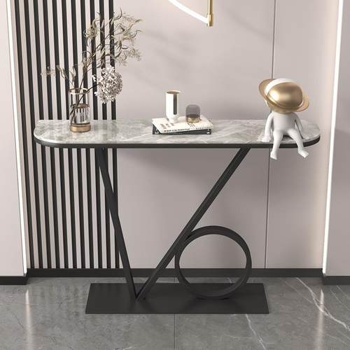 轻奢玄关桌入户装饰玄关柜简约现代半圆巖板新中式条案玄关台创意