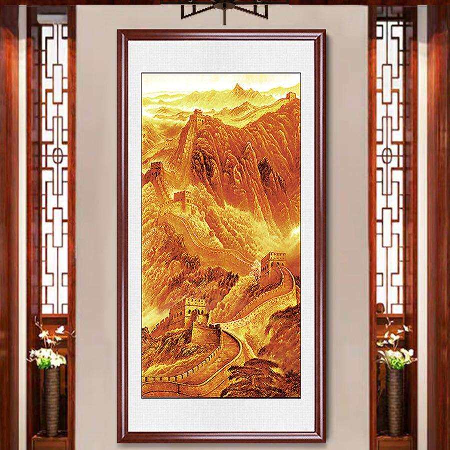 玄关竖版装饰画金色长城画靠山图国画办公室客厅山水走廊壁画大气