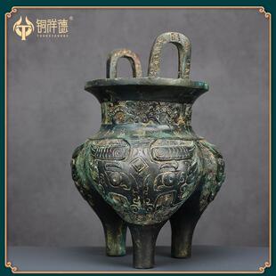 古青铜器青铜鬲鼎 商代兽面纹高腰鬲鼎工艺摆件收藏品铜祥德