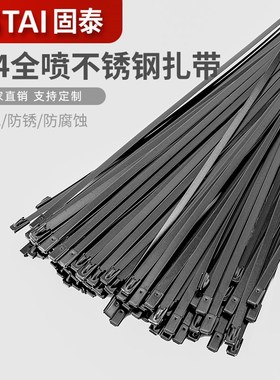 全喷塑304不锈钢黑色扎带4.8/8MM自锁金属船用电缆扎Y带捆绑带固