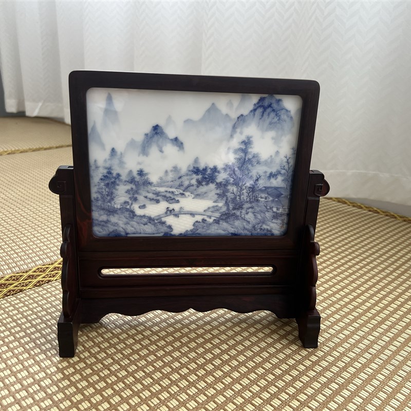 见欢集 宋画g山水 青花文人山水砚屏 红酸枝框 瓷板画