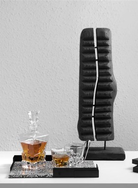 简约侘寂风碳化木隔断屏风创意摆B件样板房售楼处酒店大厅软装饰